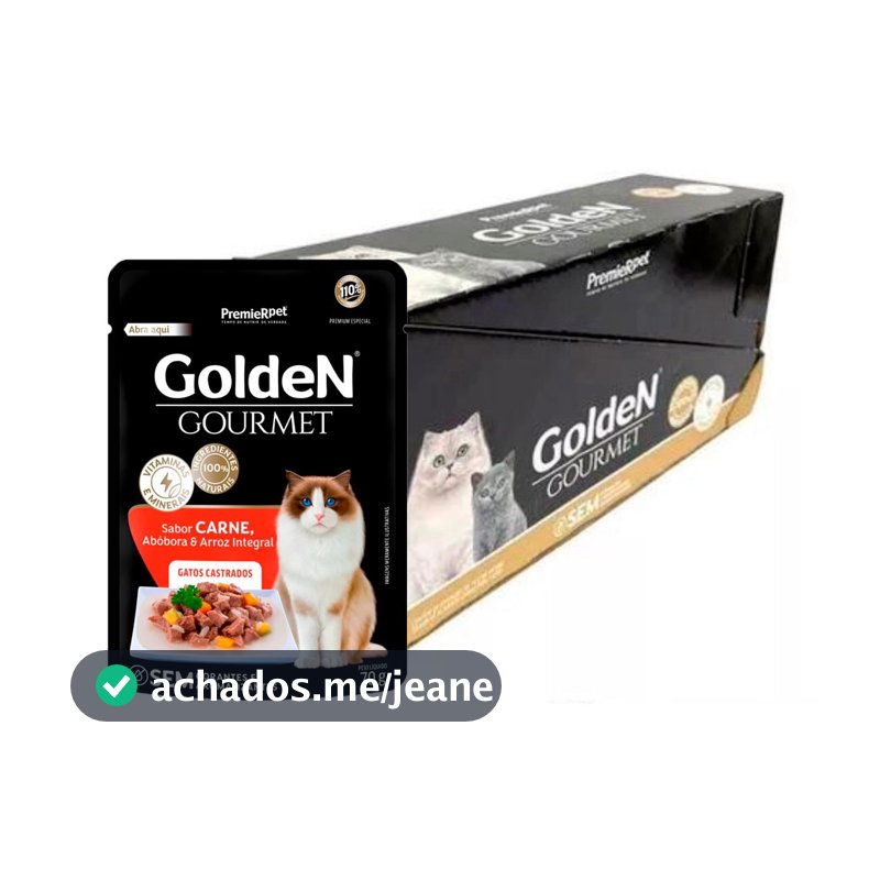 Caixa 20Un. Ração Úmida Golden Gourmet Para Gatos Castrados Carne 70g