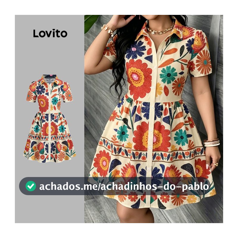 Lovito Vestido Casual Feminino com Botão Frontal Estampado Primavera/Verão LK7AD081