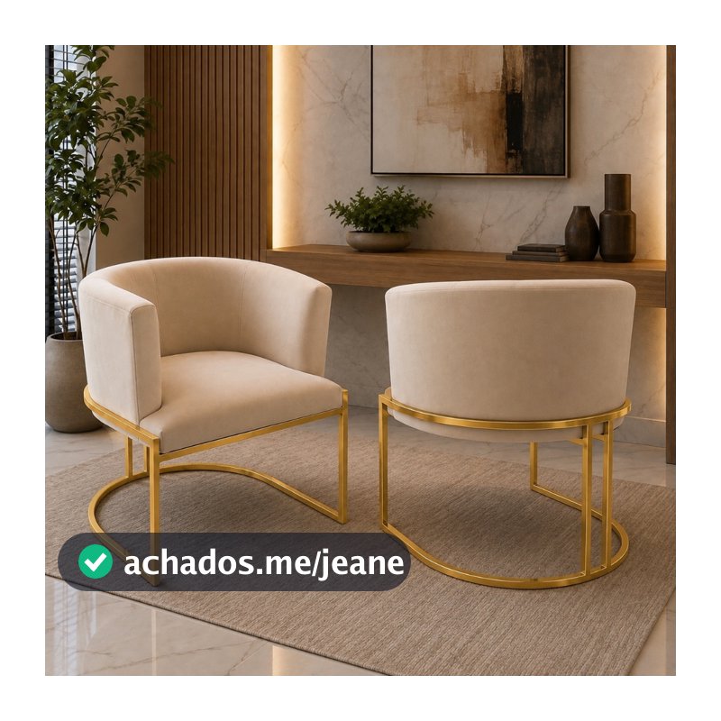 Kit 2 Poltronas De Base Cadeira Ferro Dourada  Estrutura Meia Lua Tecido Veludo Para Salão Consultório Luxousa Luxo