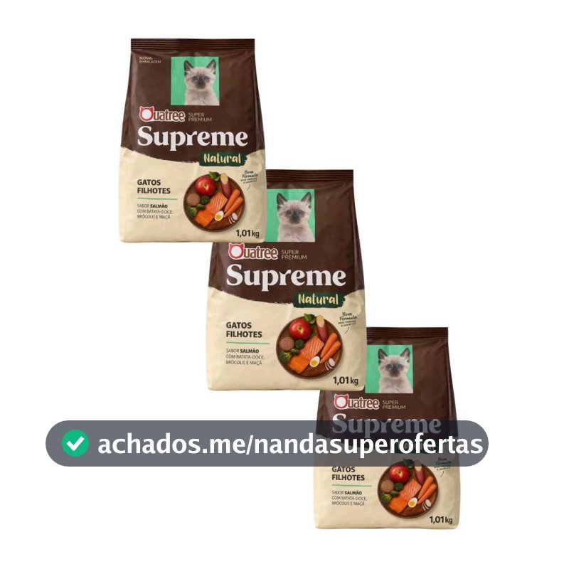 Kit 3 pacotes Ração de 1kg Quatree Supreme Gatos Filhotes Salmão Envio Imediato