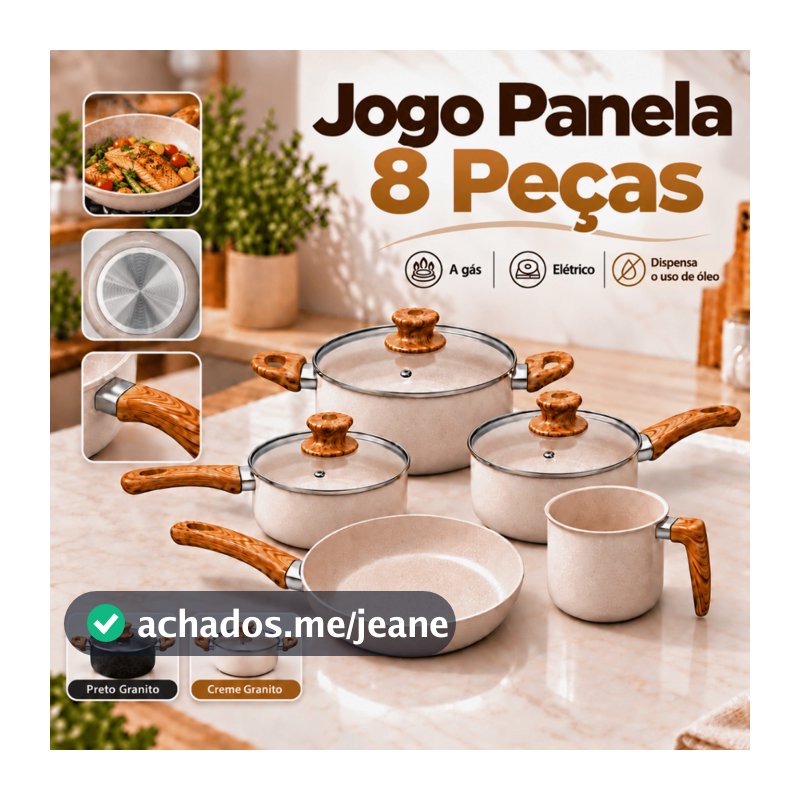 Conjunto de Panelas 8 Peças Caçarola Frigideira Cerâmica Antiaderente Premium Tampa Vidro Temperado