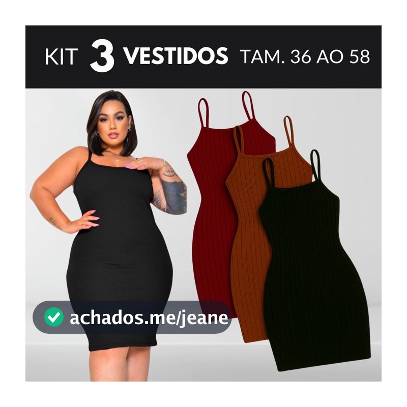 KIT 3 Vestido Plus Size Feminino Vestido Midi Vestido Canelado Vestidos Roupas Midsize Vestido Preto Tamanho 36 Ao 58
