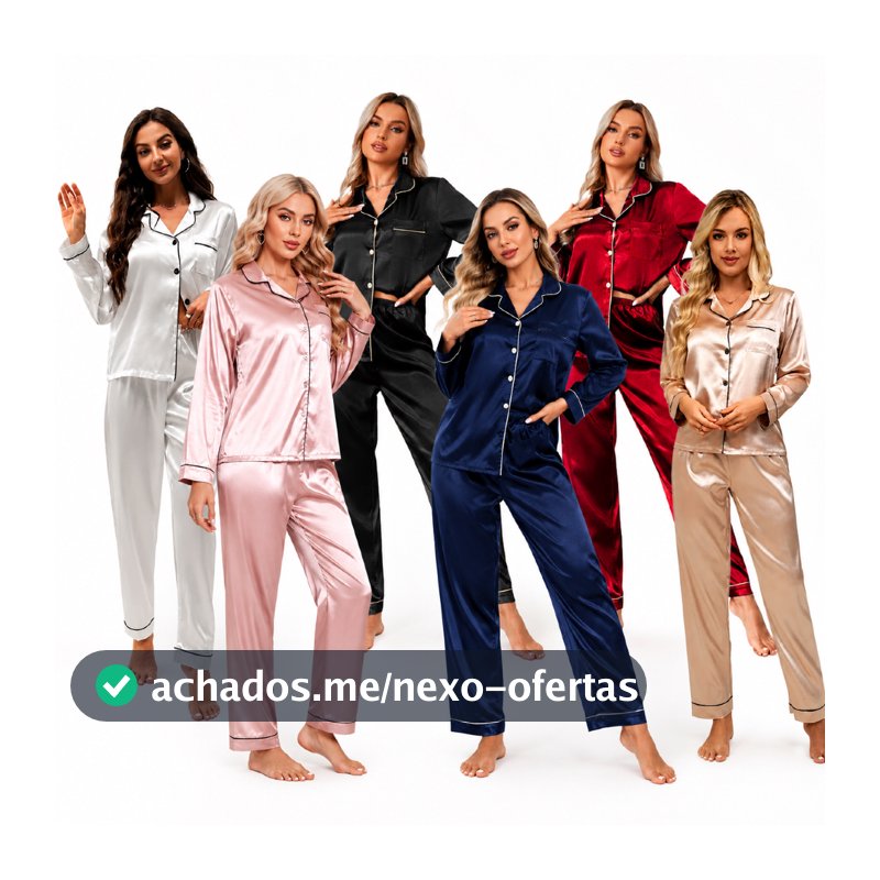 Pijama feminino Americano Cetim de Seda com Elastano Bolso e Botão Calça e Camisa Manga Longa