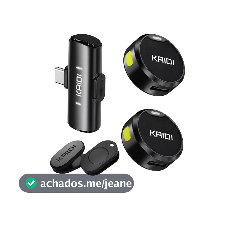 Microfone Lapela Sem Fio Duplo Kaidi Profissional Portátil Imã Redondo Anti Ruído Tipo C iPhone Gravação Celular