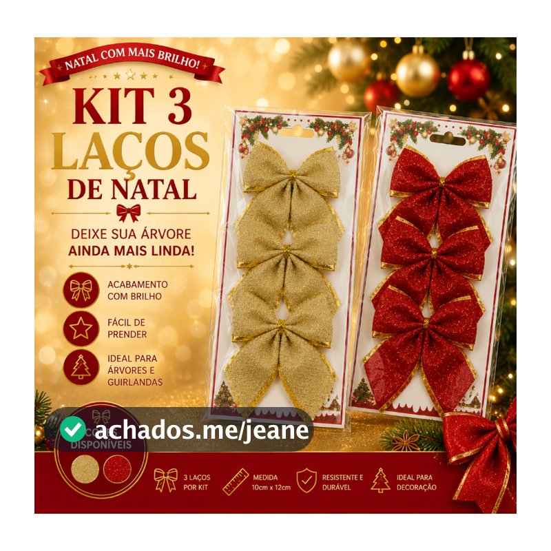 Kit 3 Laços de Natal 10x12cm para Árvore Enfeite Natalino Vermelho ou Dourado Decoração