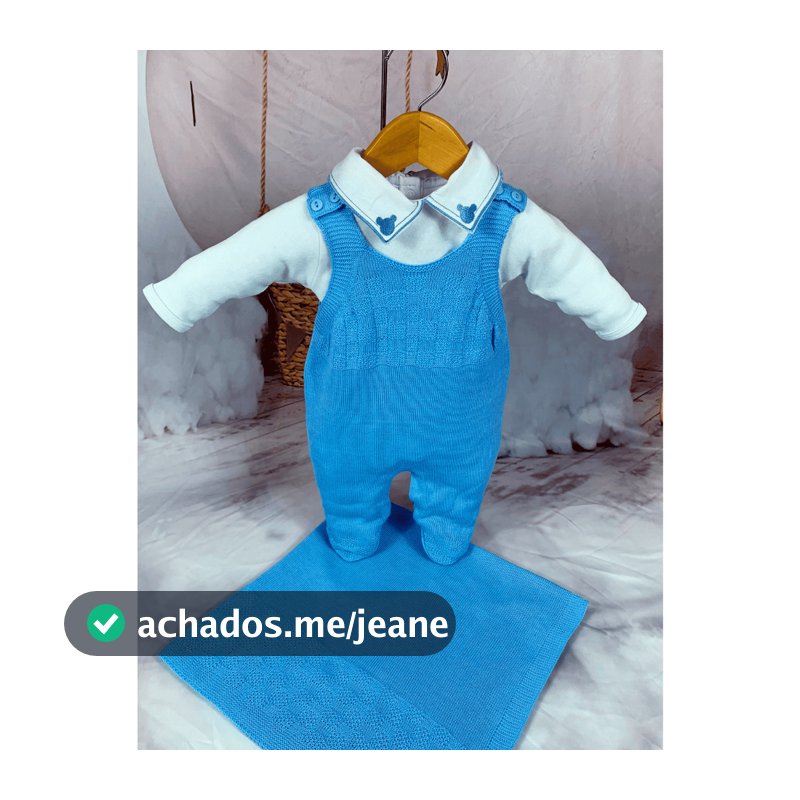 Kit Saida Maternidade Menino Bebe Tricot Azul Bebê Jardineira