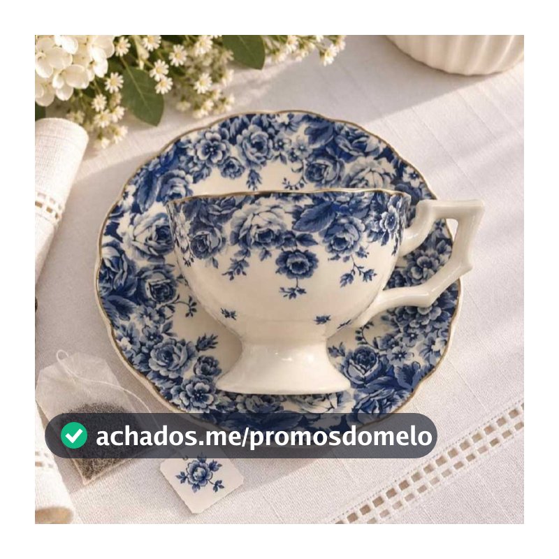 Xícara de Chá com Pires em Cerâmica floral azul 240ml Vintage Provençal mesa Posta