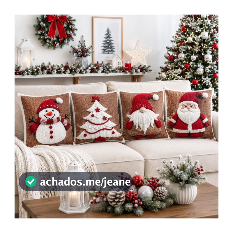 Kit 4 Capas de Almofada Natal 45x45cm Sublimada com Zíper Decoração Sofá, Cama e Sala