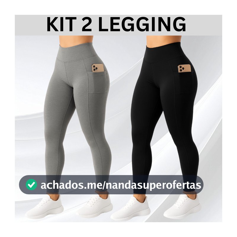 2 Calças Legging com Bolso Lateral Suplex Cós Alto Largo Academia Crossfit Verão Fitness