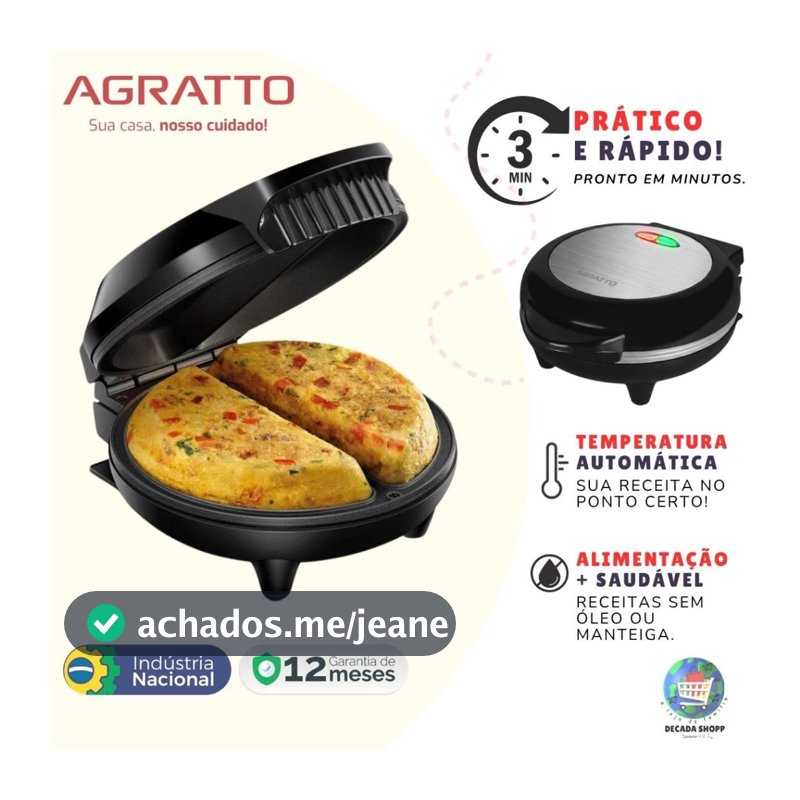 Omeleteira Elétrica Agratto 127V/220V Antiaderente 800W Inox Dupla Luz Piloto Porta Fio - 2 Omeletes