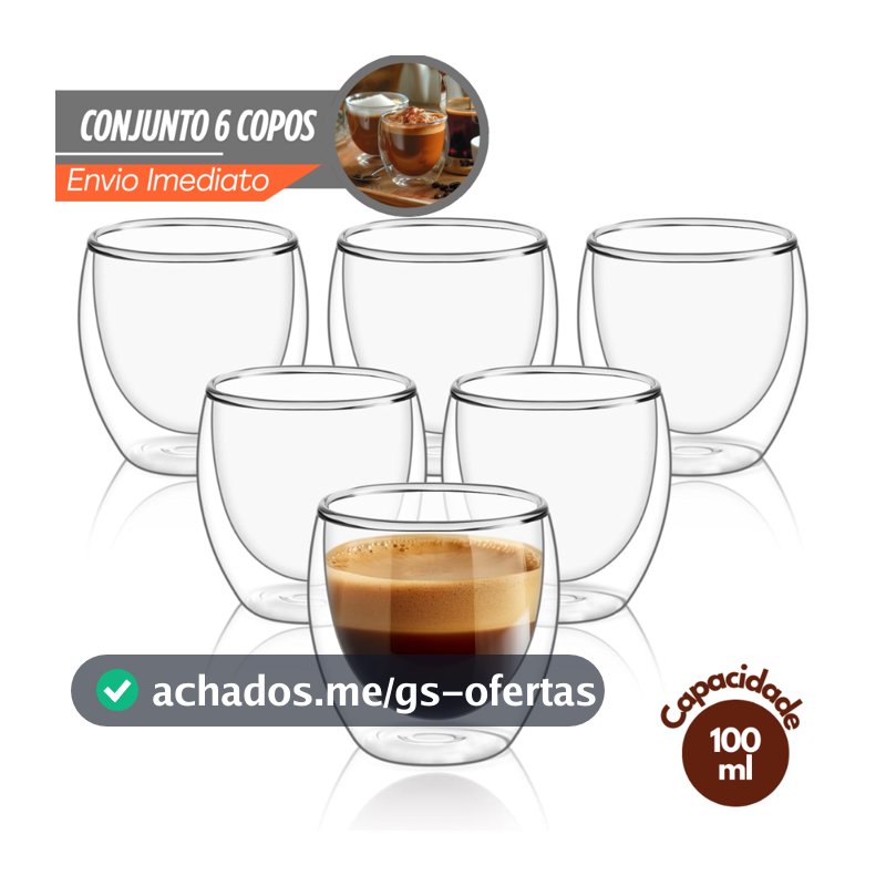 Kit 6 Copos Parede Dupla de Vidro 100 ml Copo de  Café Chá Suco Copo Duplo Isolante Térmico