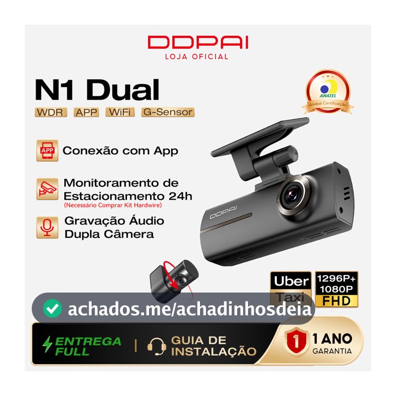 Câmera Veicular DDPAI N1 Dual 1296P+1080P Uber WiFi App Supercapacitor Visão Noturna Gravação em Loops