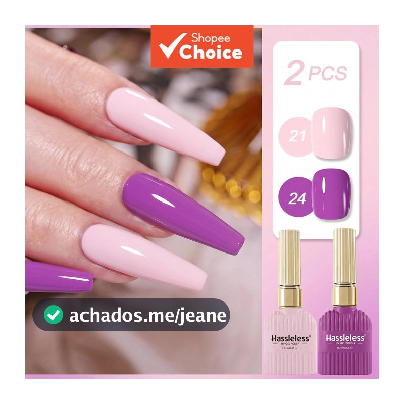 Hassleless 2 esmaltes em gel em rosa e lilás, tons claros e vibrantes, perfeitos para looks delicados ou ousados,