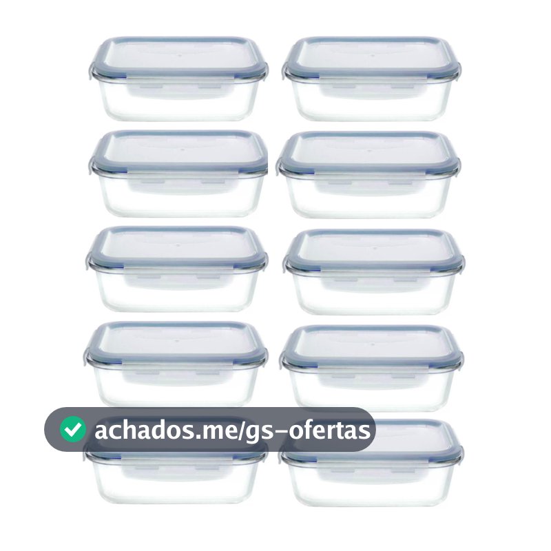 Kit 10 Potes Herméticos Vidro Retangular 1040ml Marmita com Tampa e 4 Travas Marmitinha Fitness 123Útil