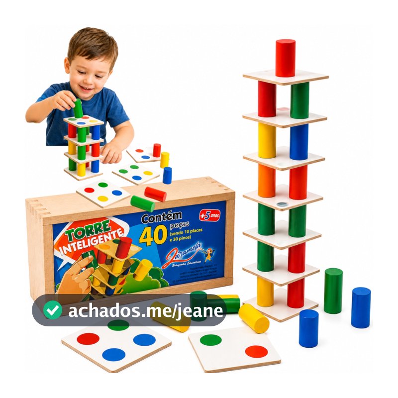 Jogo Torre Inteligente De Madeira Empilhar Cores Coordenação Motora 40 Peças