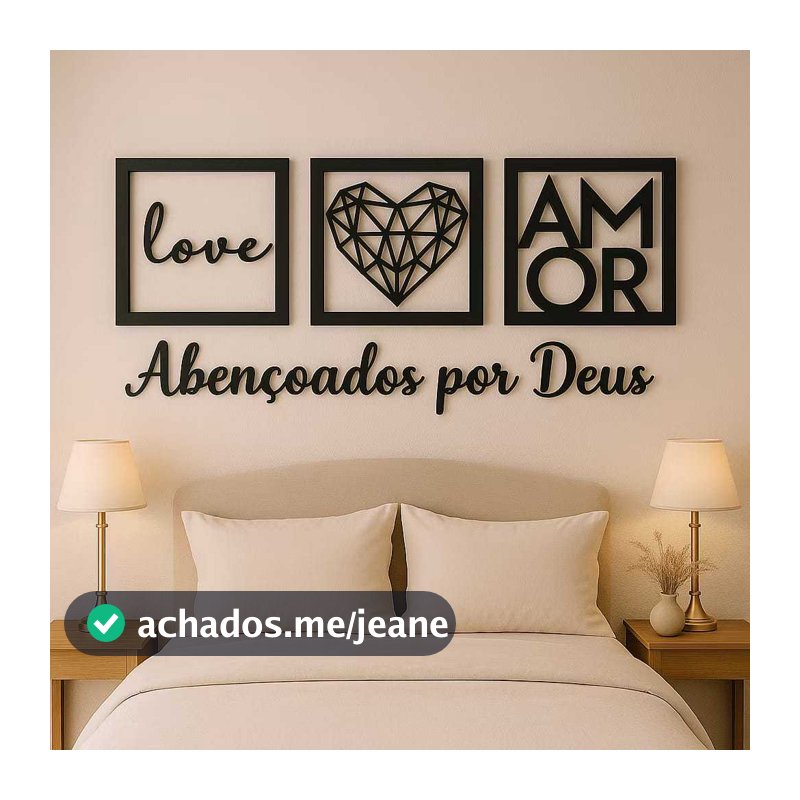 Kit 3 Quadros Love Coração Geométrico Amor + Frase Abençoados por Deus Decorativo Mdf