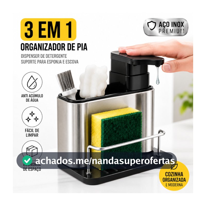 Organizador de Pia 3 em 1 em Aço Inox com Dispensador de Detergente e Suporte para Esponja