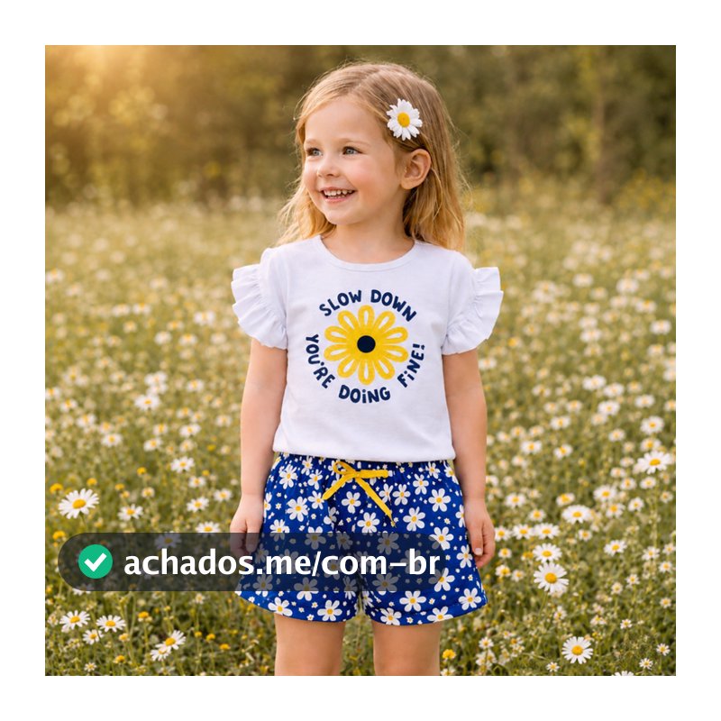 Conjunto Infantil Blusa Meia Malha com Estampa e Bermuda Poliflex Estampada Verão