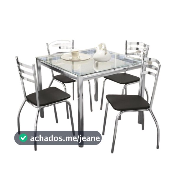 Kit Conjunto Mesa Quadrada 4 Cadeiras 90 x 90 cm Sala de Jantar Cozinha Vidro Metal Cromado Preto