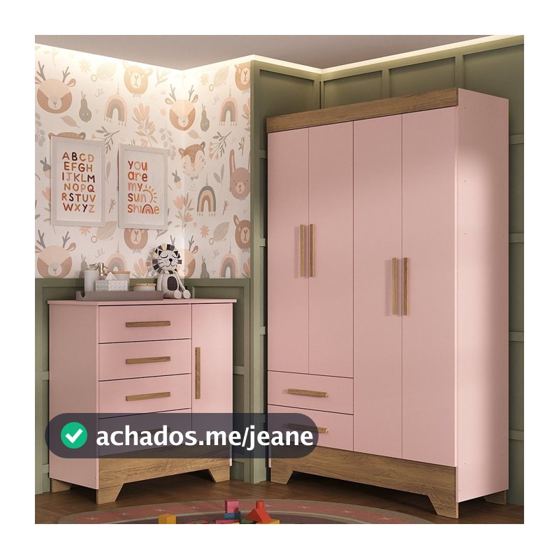 Quarto Infantil Completo Guarda Roupa 4 Portas 2 Gavetas com Cômoda Liz Rosa/Fosco/Nature Rosa Fosco/Nature