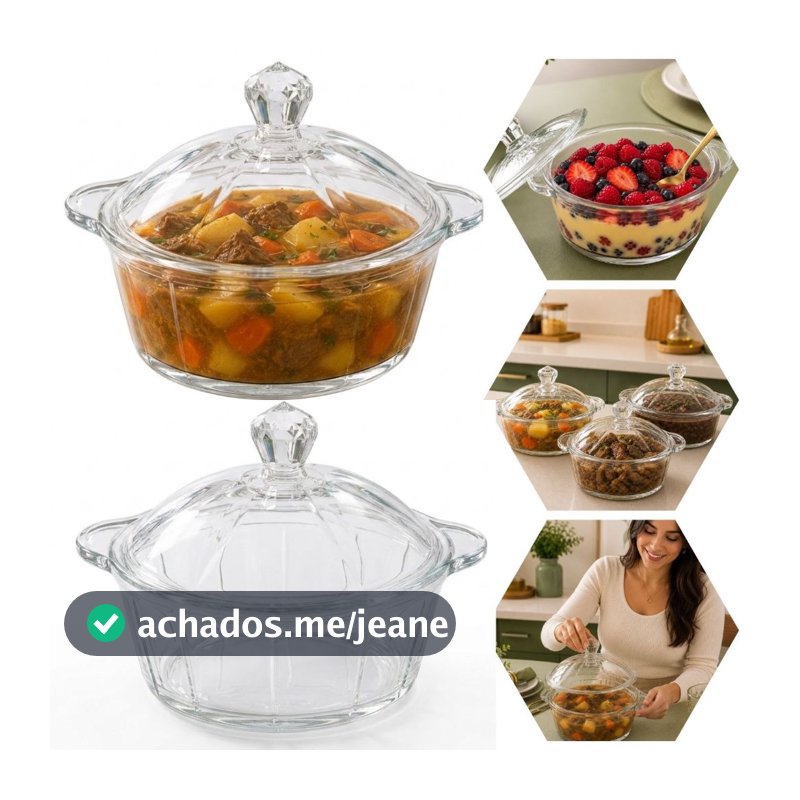 Travessa Sopeira De Vidro 900 ML Com Tampa Para Sopas Doces Com Alca Sobremesas Servir Mesa Cozinha