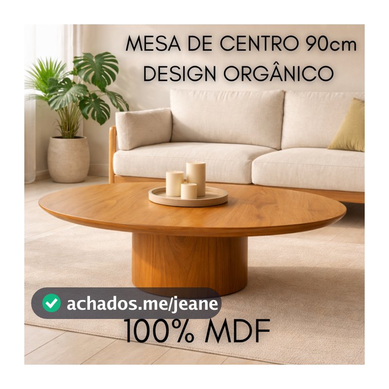 Mesa De Centro Madeira MDF 90cm Tampo Orgânico Rústico Para Sala Estar Varanda Área Gourmet