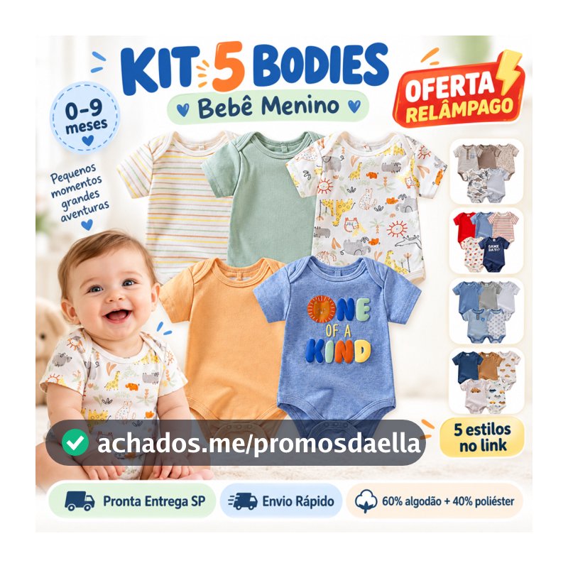 Kit 5 Bodies Bebê Menino Manga Curta Safari Listrado Roupa Infantil 60% Algodão 40% Poliéster 0 a 9 Meses São Paulo