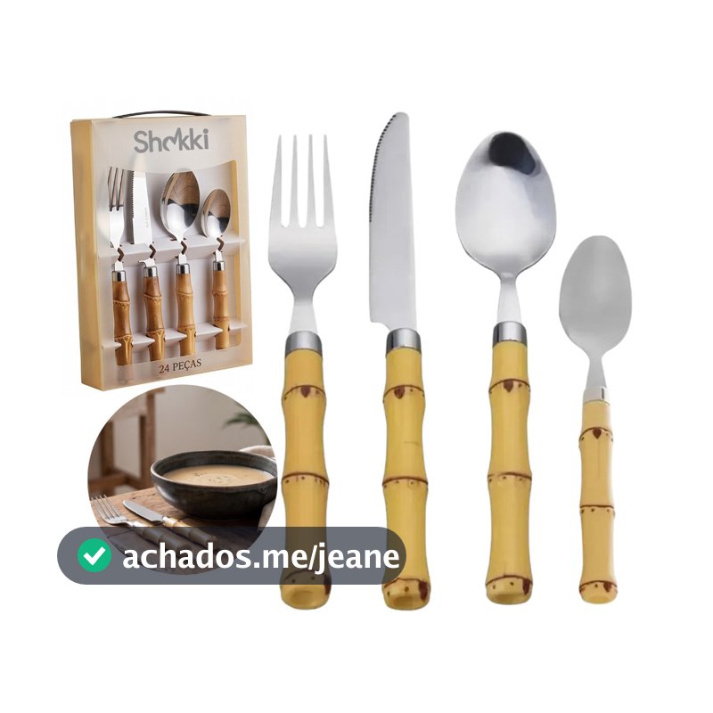 Faqueiro Jogo Talheres Bambu 24 Peças Aço Inox Garfo Faca Colher Para Mesa Cozinha Premium Shokki<