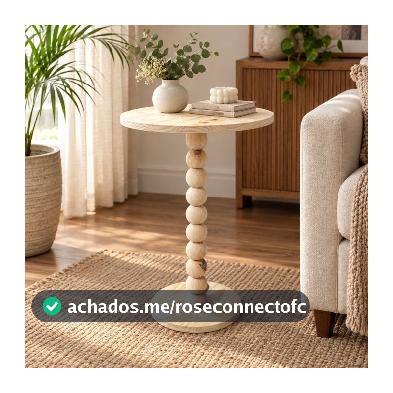 Mesa de apoio, mesa lateral em madeira pinus com haste torneada em esferas - bolinhas