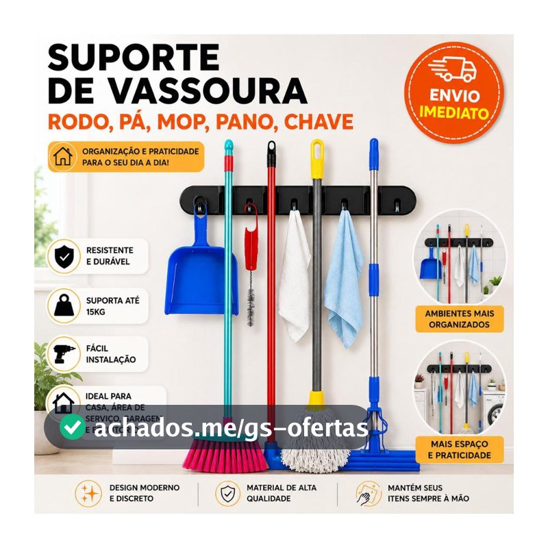 Suporte Parede Organizador Vassoura Rodo Pá Mop Pano Chave Preto
