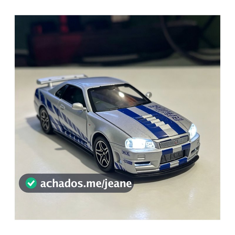 Nissan Skyline GT-R R34 Brian Miniatura 14,5cm Metal com Som Luz Abre Portas Capô Porta-Malas