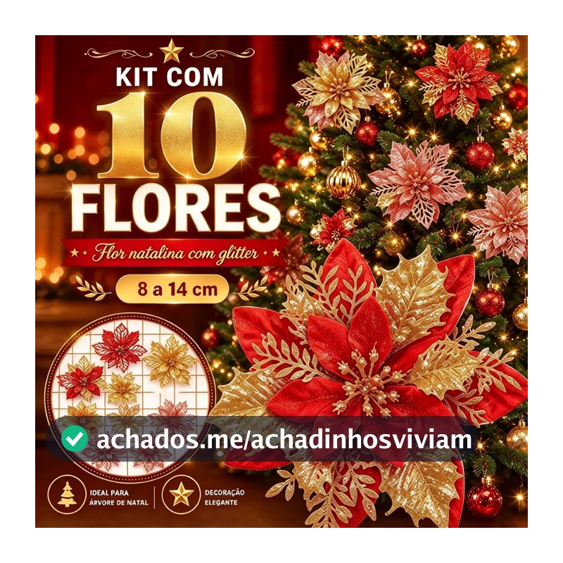Kit 10 Unid. Flores de Natal Artificiais Recortadas Glitter Decoração Árvore de Natal 6 Cores