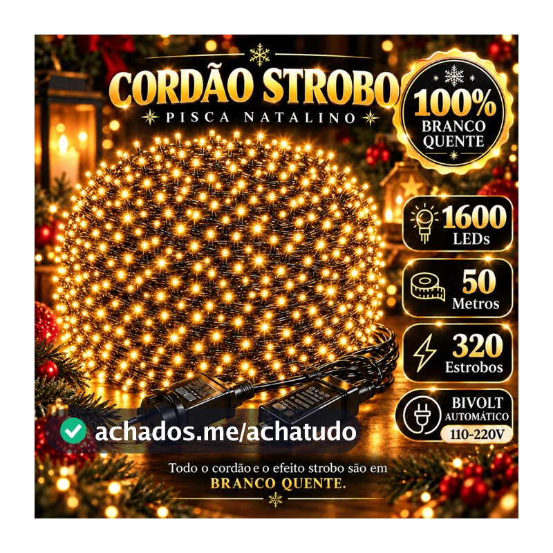Cordão Strobo Natal 50/40 Metros Bivolt 1600/1500 Leds Pisca Pisca Prova D'Água Luz Led Branco Quente 320/300 Flash