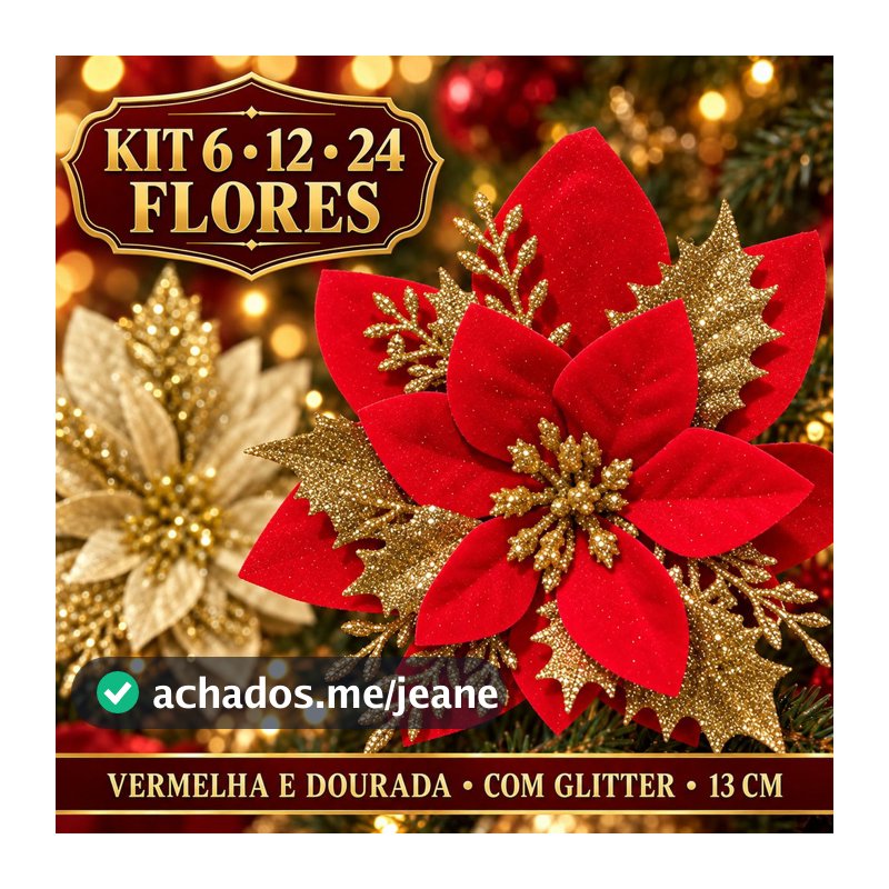 Kit 6/12/24 Flores Enfeite Arvore de Natal Decorativa Ornamento com Glitter