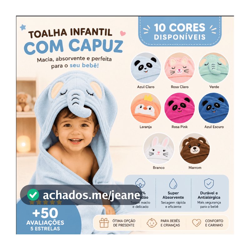 Toalha Infantil Com Capuz Bebê Safari Macia Grande Pós Banho Várias Cores