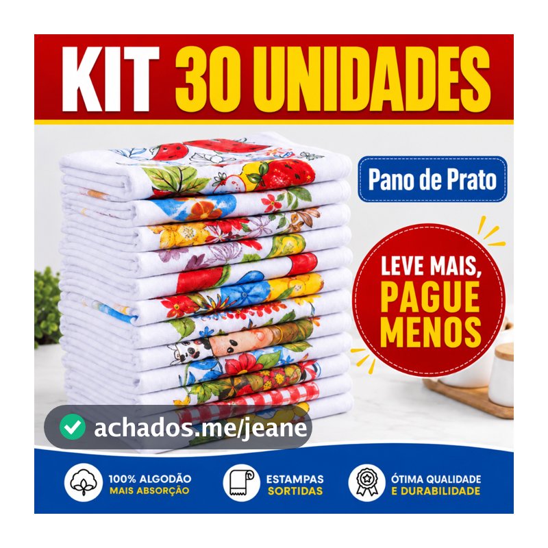 Kit 30 Panos de Prato 100% Algodão Estampado Pé de Galinha Grosso 38x65 cm