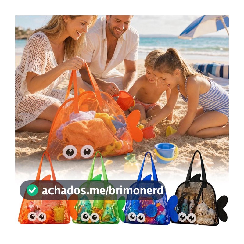 Bolsa De Praia Estilo Peixe De Malha Respirável-Organizador De Brinquedos De Areia Grande Dobrável-Infantil De Desenho A