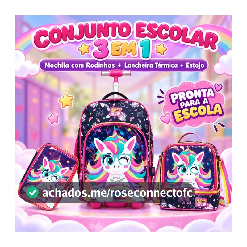 Kit Mochila Rodinha Unicórnio Lancheira Estojo Menina Escolar Espaçosa