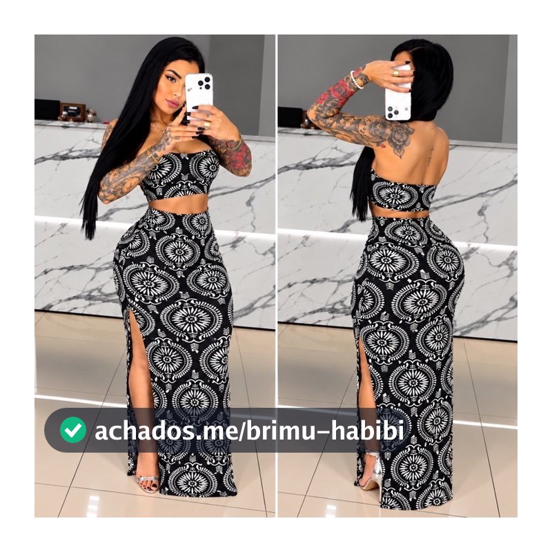 Conjunto Feminino Longo Saia Empina Levanta Bumbum Drapeado Croped Faixa Estampa Exclusivas