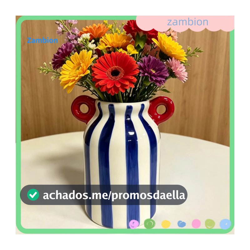 Lively Home Decor Vase Decorative Ceramic Hand-painted Striped Flower with Dual Handles – Small Wide Mouth Bud for Flo