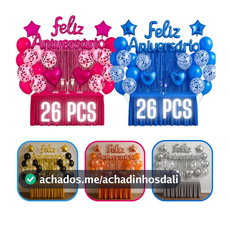 Kit 26 Pcs Balão Feliz Aniversario Cortinas Bexigas Festa Decoração Enfeite Happy Birthday