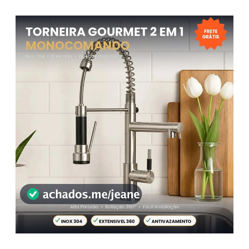 Torneira Gourmet Monocomando Cozinha Inox 304 2 Bicas Ducha Extensível Retrátil Bancada Pia Rotação 360° Alta Pressão