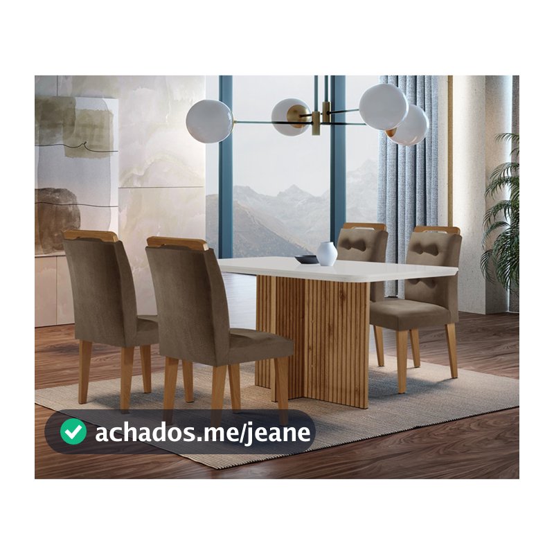 Sala de Jantar Mesa Olímpia 120CM MDF Canto Copo com 4 Cadeiras Carol Moderna