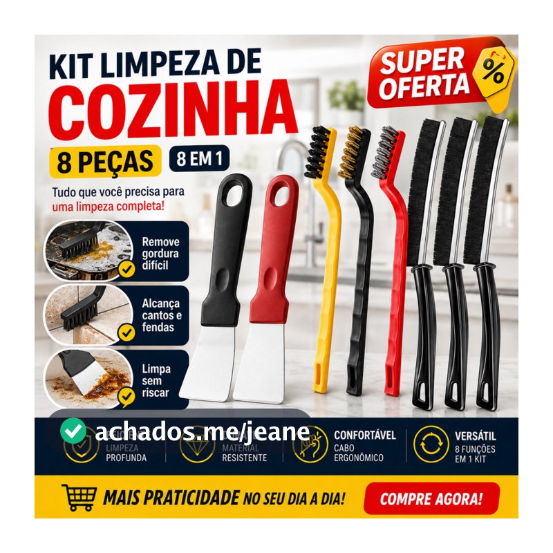 Kit Limpeza Cozinha 8 em 1 com 8 Peças Escovas e Espátulas para Gordura, Cantos, Frestas e Rejuntes