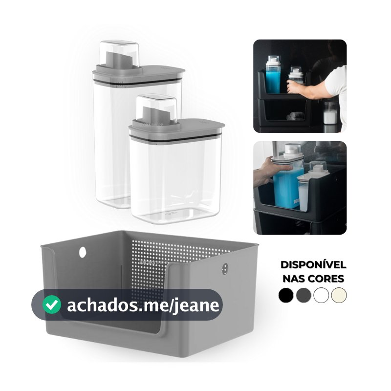 Kit Organizador de Lavanderia 1,5 e 2,3 Litros + Cesto 16L Sabão Liquido Amaciante Abertura Frontal