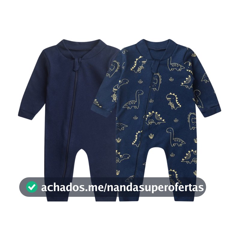 Kit 2 Macacão Bebê Sem Pé Zíper  Suedine Liso e Estampado Menina, Menino e Unissex  - Bebê Fofuxo