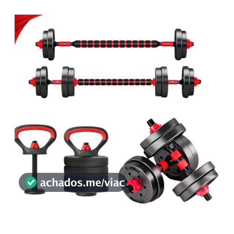 Kit Treino Funcional 10/15/20kg Halteres Barra Supino Kettlebell Preto