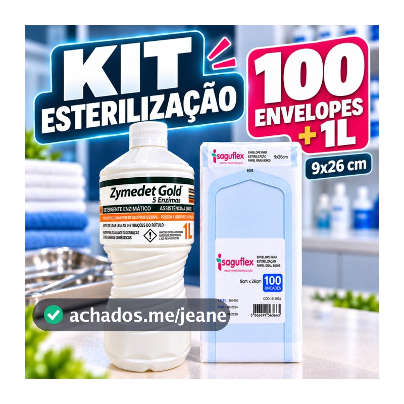 Kit Esterilização para Manicure Autoclave 100 Envelopes 9x26cm + Detergente Enzimático 1L