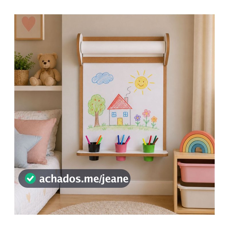 Lousa Painel Infantil Parede Bobina de Papel, Copo e Canetinha Organibox