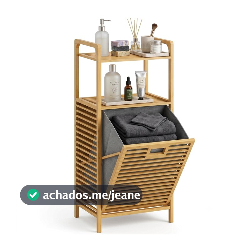 Cesto de Roupa Multiuso 2 Prateleiras 30x40x95cm Bambu Banheiro Lavanderia Madeira
